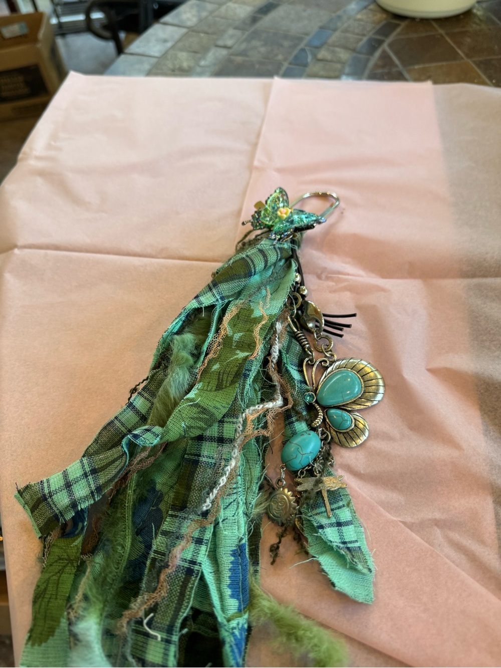Green Boho Tassel Keychain Charm with Turquoise Accents